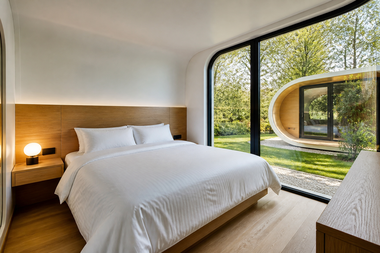 Interior Apple Cabin — quarto com cama de casal e janela ampla