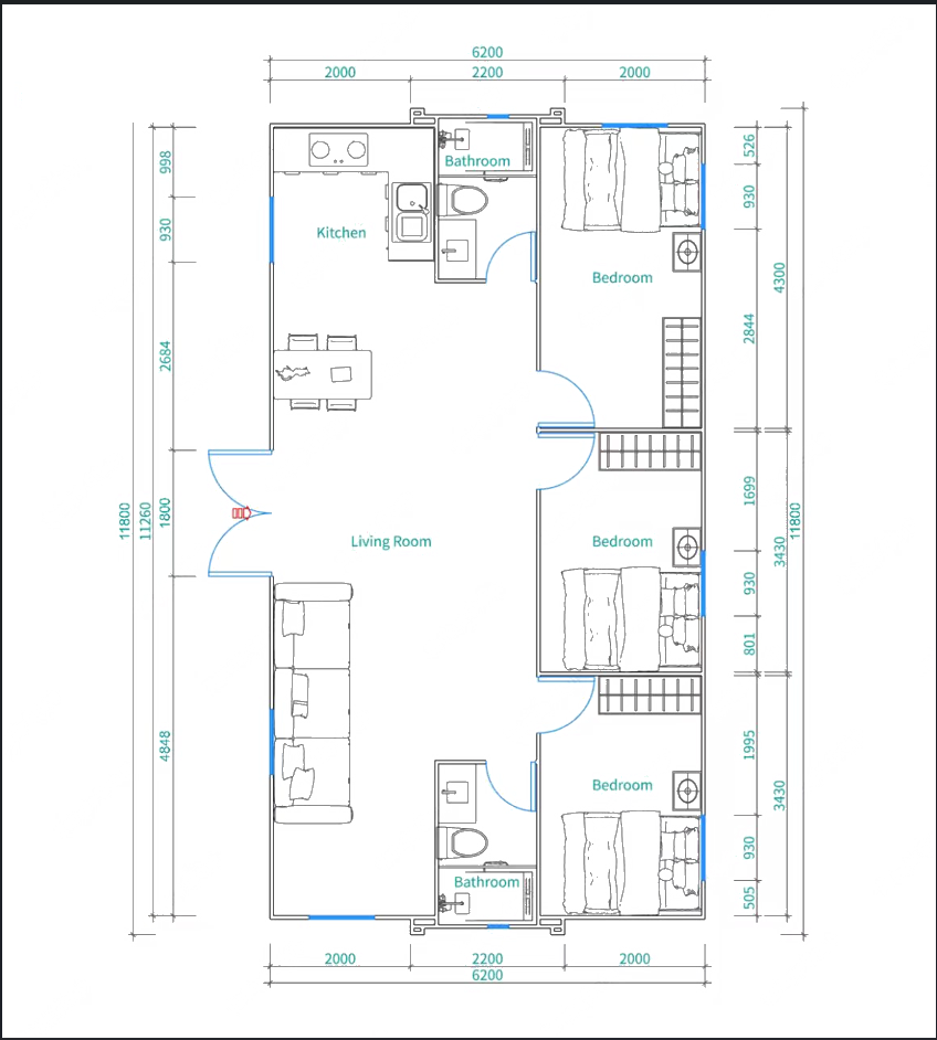 Planta arquitetónica da casa contentor T3 com 3 quartos, 2 casas de banho, cozinha e sala